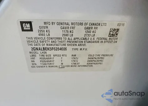 2015 Chevrolet Equinox Lt из США, поврежденный, VIN 2GNALBEK5F6284606